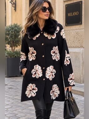 E76. Floral Knit Coatigan with Faux-Fur Collar